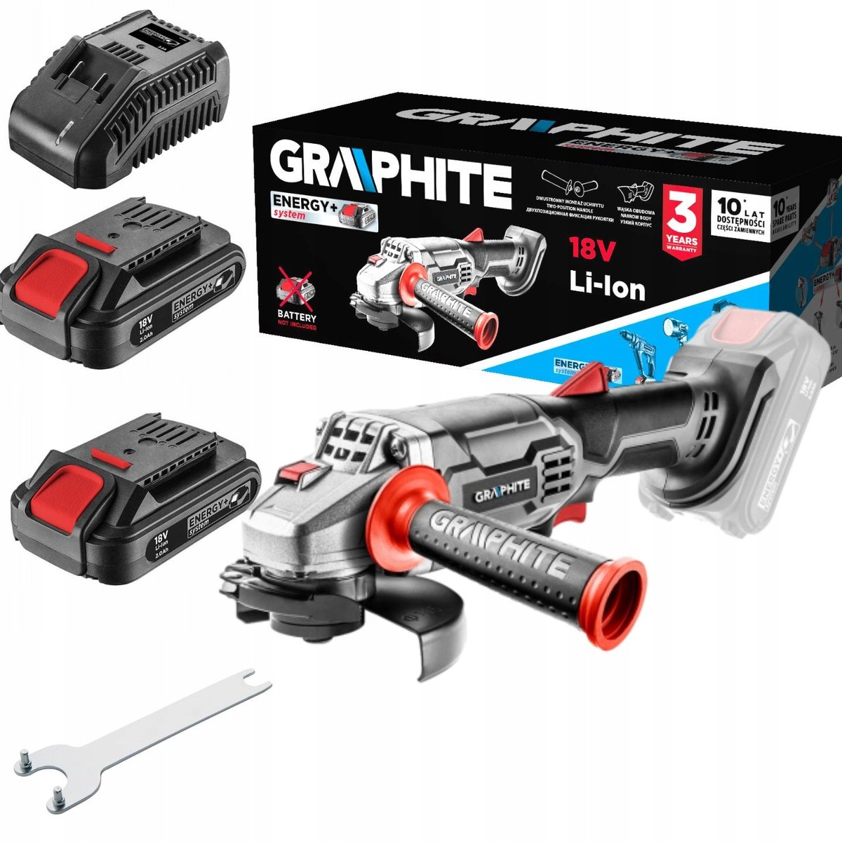 Graphite SZLIFIERKA KĄTOWA 115 mm + 2xAKU 2 AH. + ŁADOWARKA