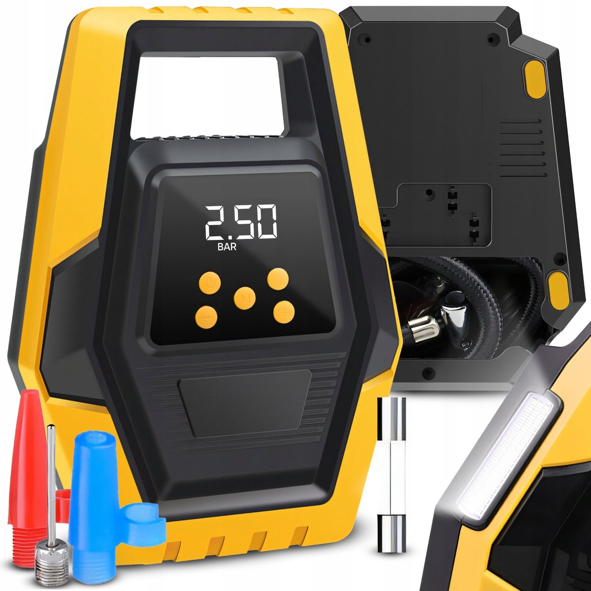 KOMPRESOR SAMOCHODOWY POMPKA PRZENOŚNA EL. SPRĘŻARKA DO KÓŁ 12V LCD LED