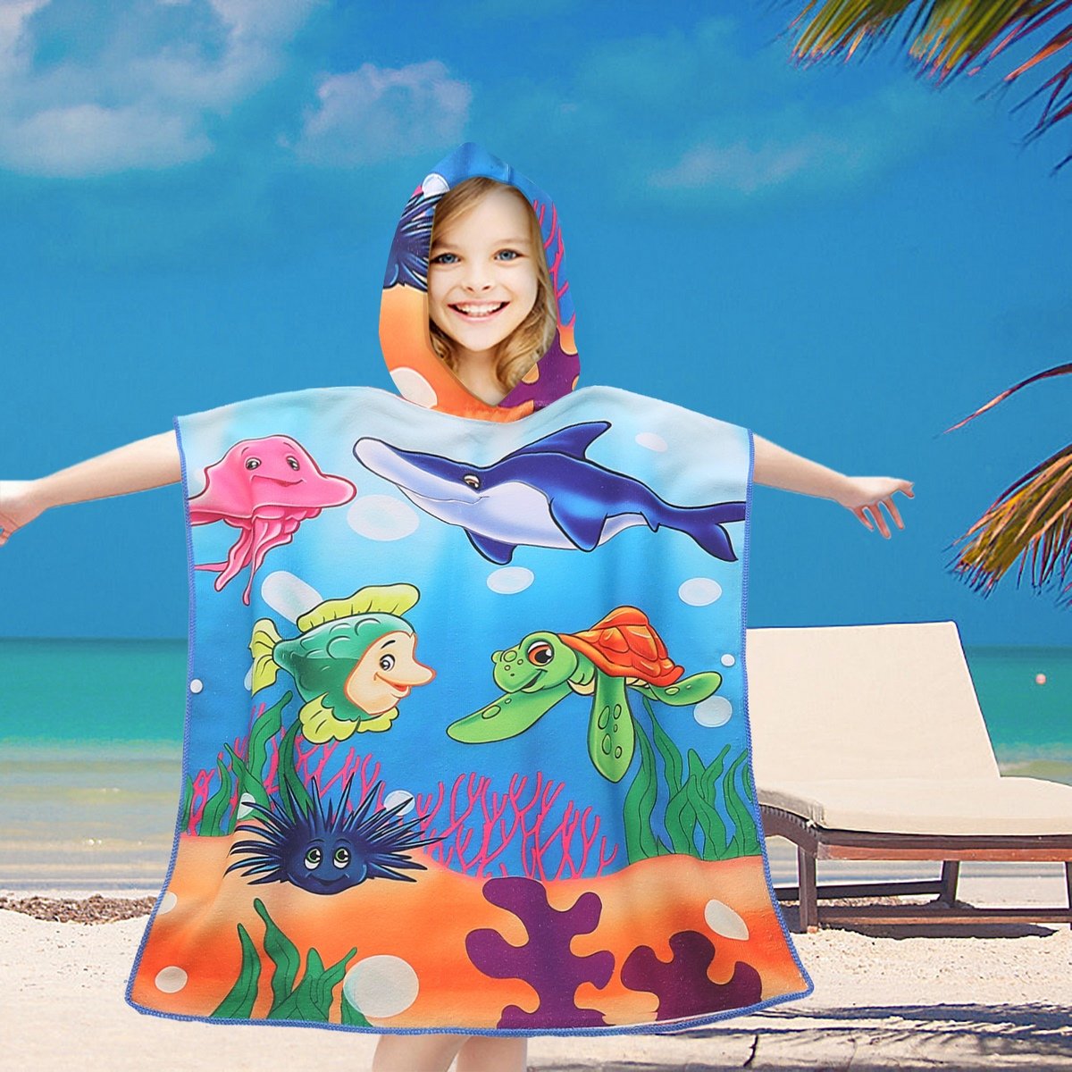 Poncho dziecięce plażowe 60x60 niebieskie rafa koralowa