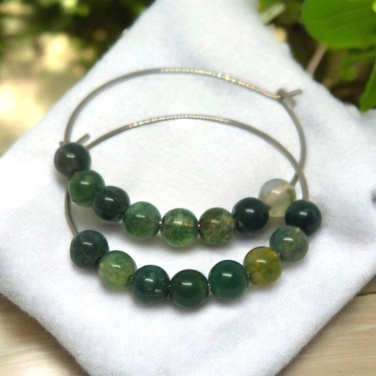 Stalowe kolczyki koła 40mm z agatem mszystym - kamień naturalny