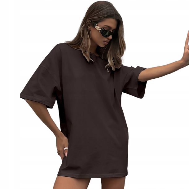 Koszulka Damska Oversize Długa T-shirt Czekoladowa Tunika Mini Sukienka M
