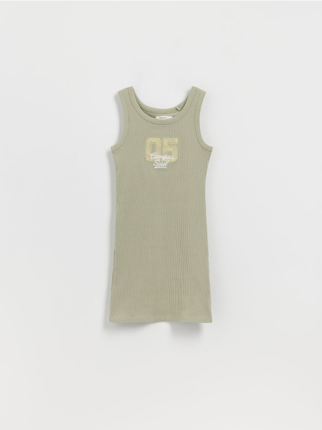 Reserved - Prążkowana sukienka z haftem - oliwkowy