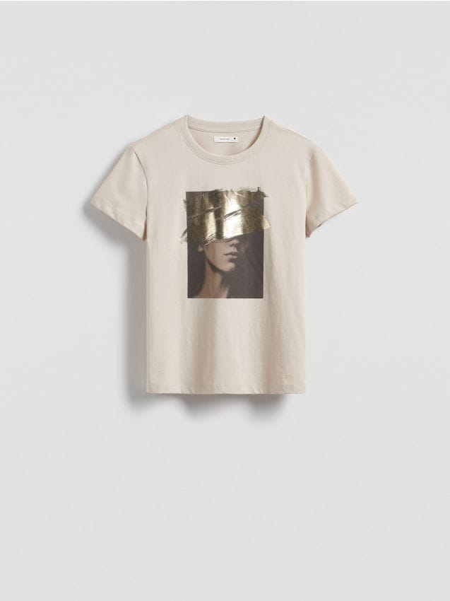 Reserved - Bawełniany t-shirt z nadrukiem - beżowy