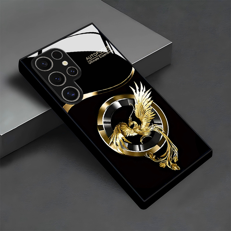 TEMU Kreatywny Design Złoty Feniks Okrągłe Logo Wzór Szklane Etui na Telefon dla for Samsung Galaxy S25/S25 Plus/S25 Ultra/S24/S24 FE/S24 Plus/S24