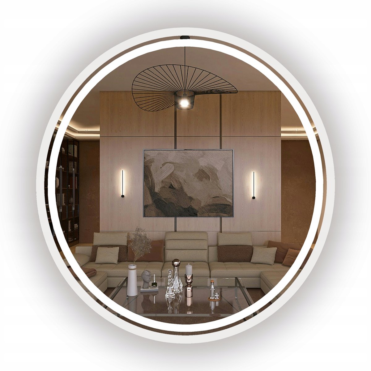 LUSTRO PODŚWIETLANE LED OKRĄGŁE W BIAŁEJ RAMIE PIASKOWANE 70 CM