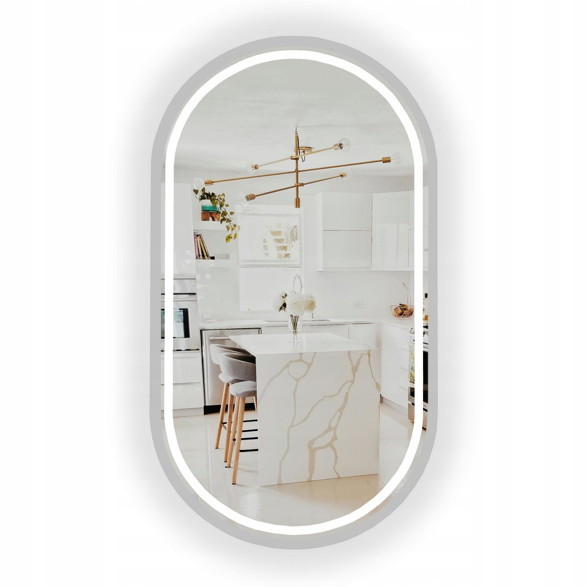 LUSTRO OWALNE LED PODŚWIETLANE SREBRNE W RAMIE 80x45 CM DO ŁAZIENKI
