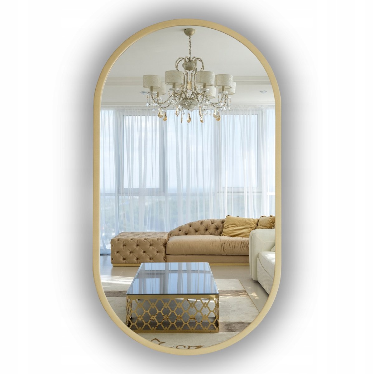 Lustro Złote Z Oświetleniem Led Owalne W Ramie 50X85 Cm