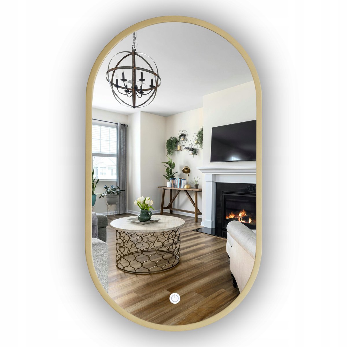 Złote Lustro Led Owalne W Ramie 75X40 Cm + Włącznik Na Dotyk