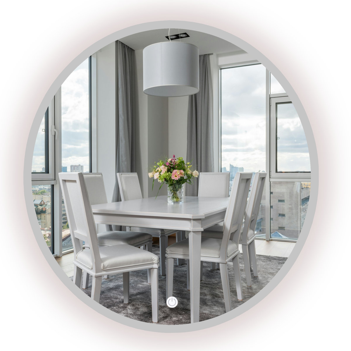 LUSTRO ŁAZIENKOWE PODŚWIETLANE OKRĄGŁE SREBRNE 90 CM Włącznik led na Dotyk