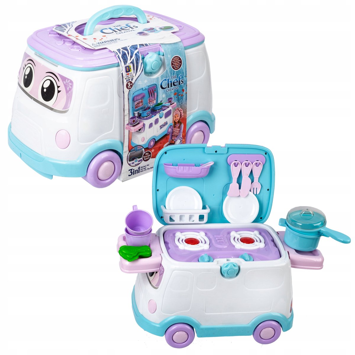 Jeździk Auto Van Mini Kuchnia Garnki Akcesoria Zabawka 3 w 1