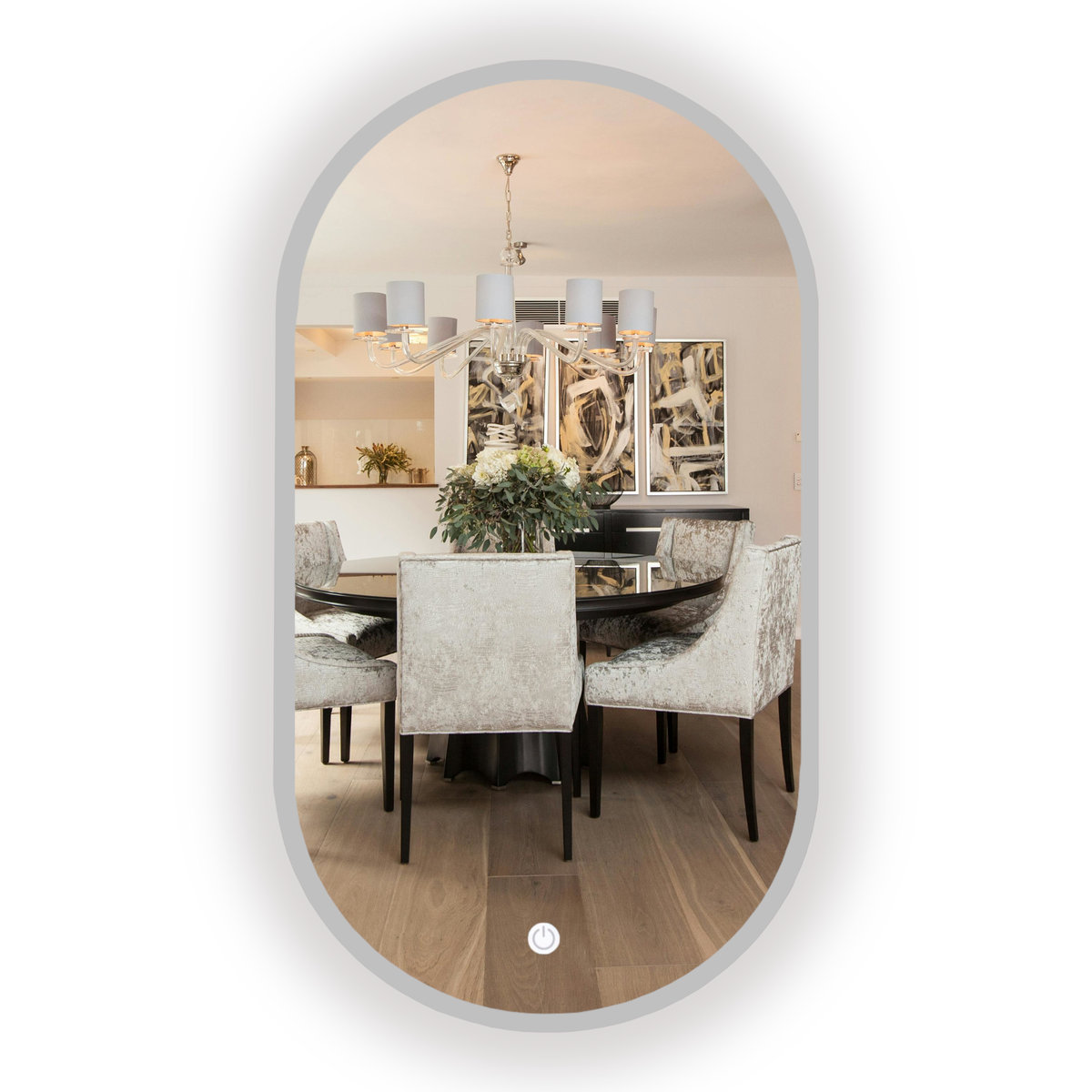 LUSTRO PODŚWIETLANE ŁAZIENKOWE OWALNE W SREBRNEJ RAMIE 90x55 CM + LED