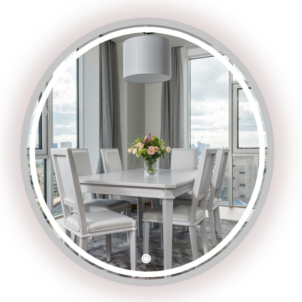 LUSTRO OKRĄGŁE LED SREBRNE W RAMIE LOFT Z WŁĄCZNIKIEM DOTYKOWYM 80 CM