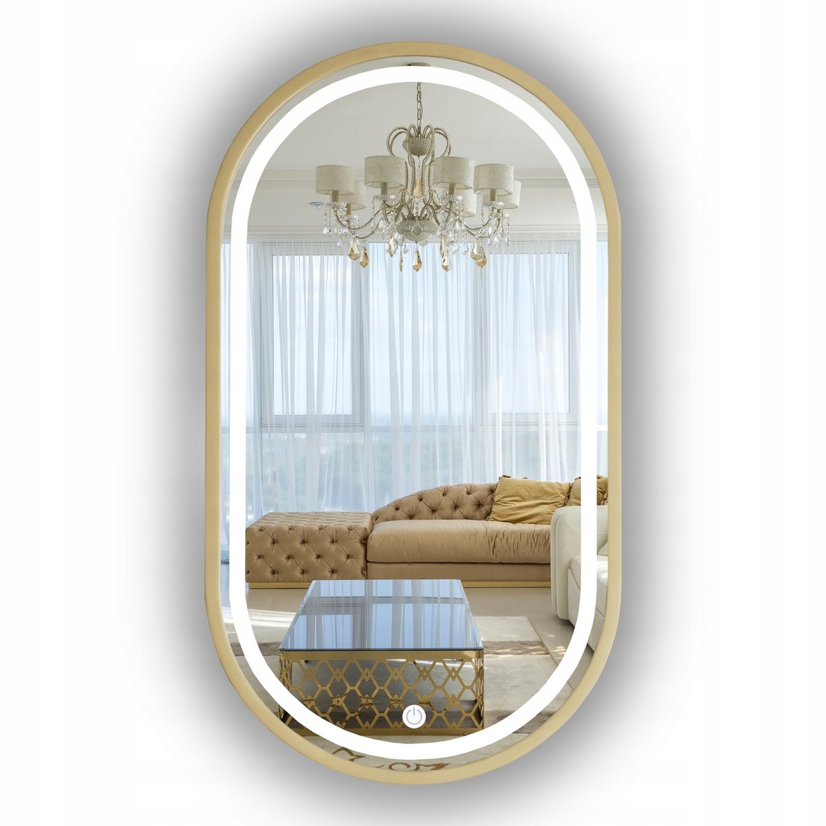 LUSTRO LED W ZŁOTEJ RAMIE ŁAZIENKOWE OWALNE 95x60 CM + Włącznik