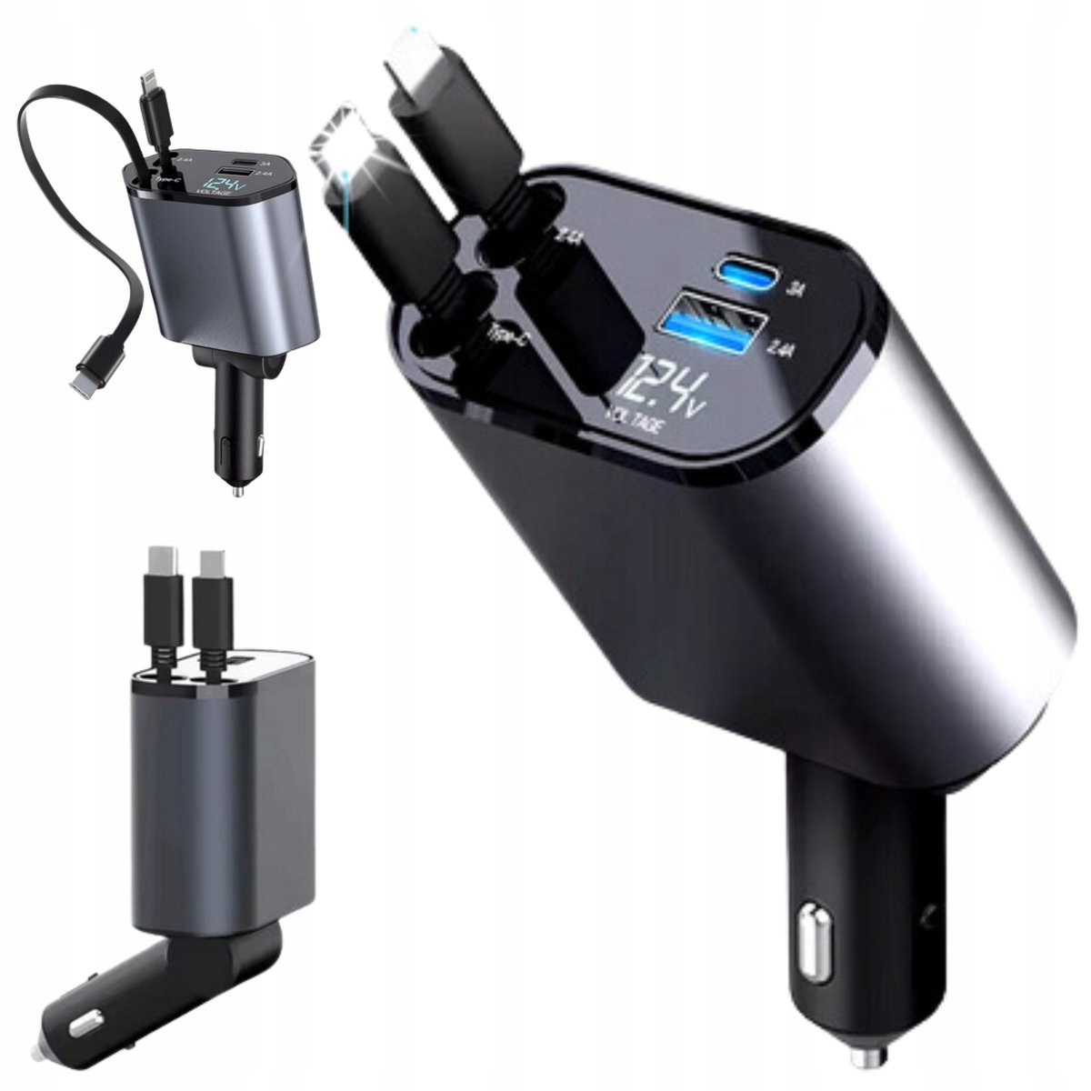 ŁADOWARKA SAMOCHODOWA 4w1 USB C PRZEBUG ZWIJAK 120W SZYBKIE ŁADOWANIE Kabel