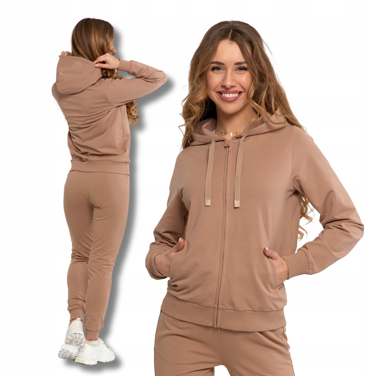 BLUZA DAMSKA Gładka Rozpinana Dresowa z Kapturem Klasyczna Beżowa MORAJ M