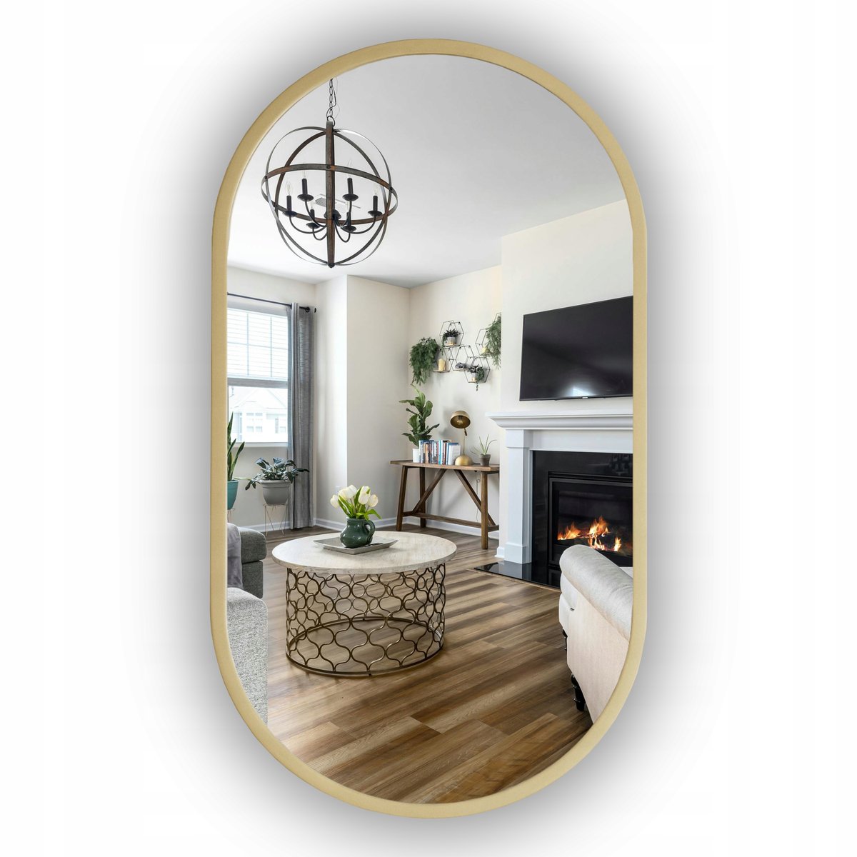 LUSTRO LED PODŚWIETLANE ZŁOTE OWALNE W RAMIE 100X35 CM