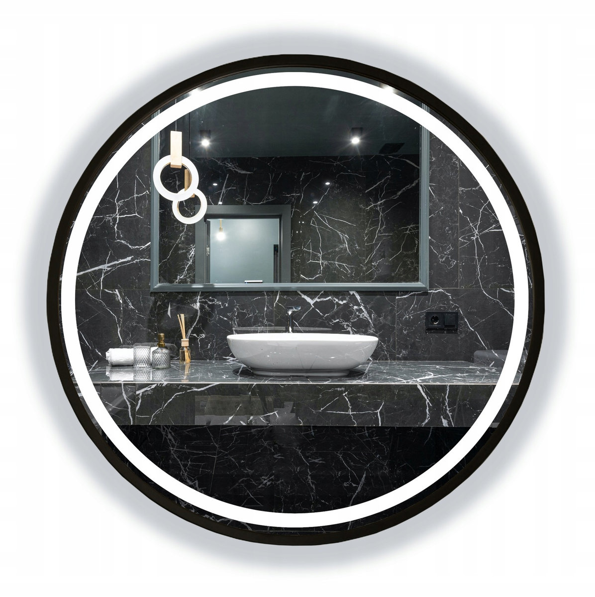 LUSTRO OKRĄGŁE LED PODŚWIETLANE ŁAZIENKOWE CZARNE W RAMIE 70 CM