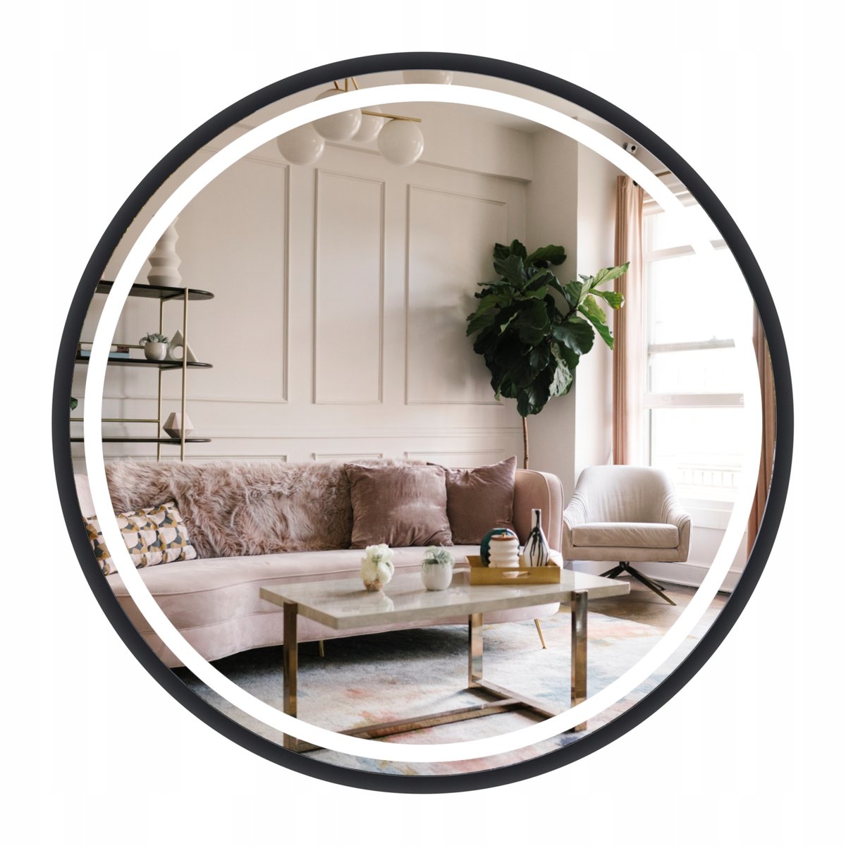 LUSTRO LED OKRĄGŁE NOWOCZESNE PODŚWIETLANE W CZARNEJ RAMIE 70 CM