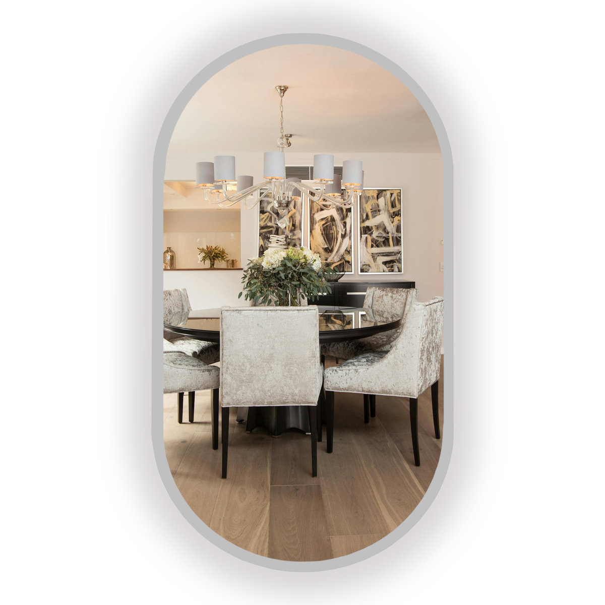 LUSTRO ŁAZIENKOWE PODŚWIETLANE LED OWALNE W SREBRNEJ RAMIE 100x35 CM