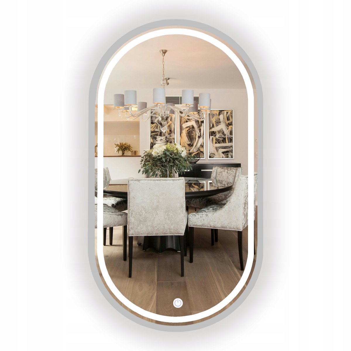 LUSTRO ŁAZIENKOWE PODŚWIETLANE OWALNE SREBRNE W RAMIE 100x35 CM + Włącznik