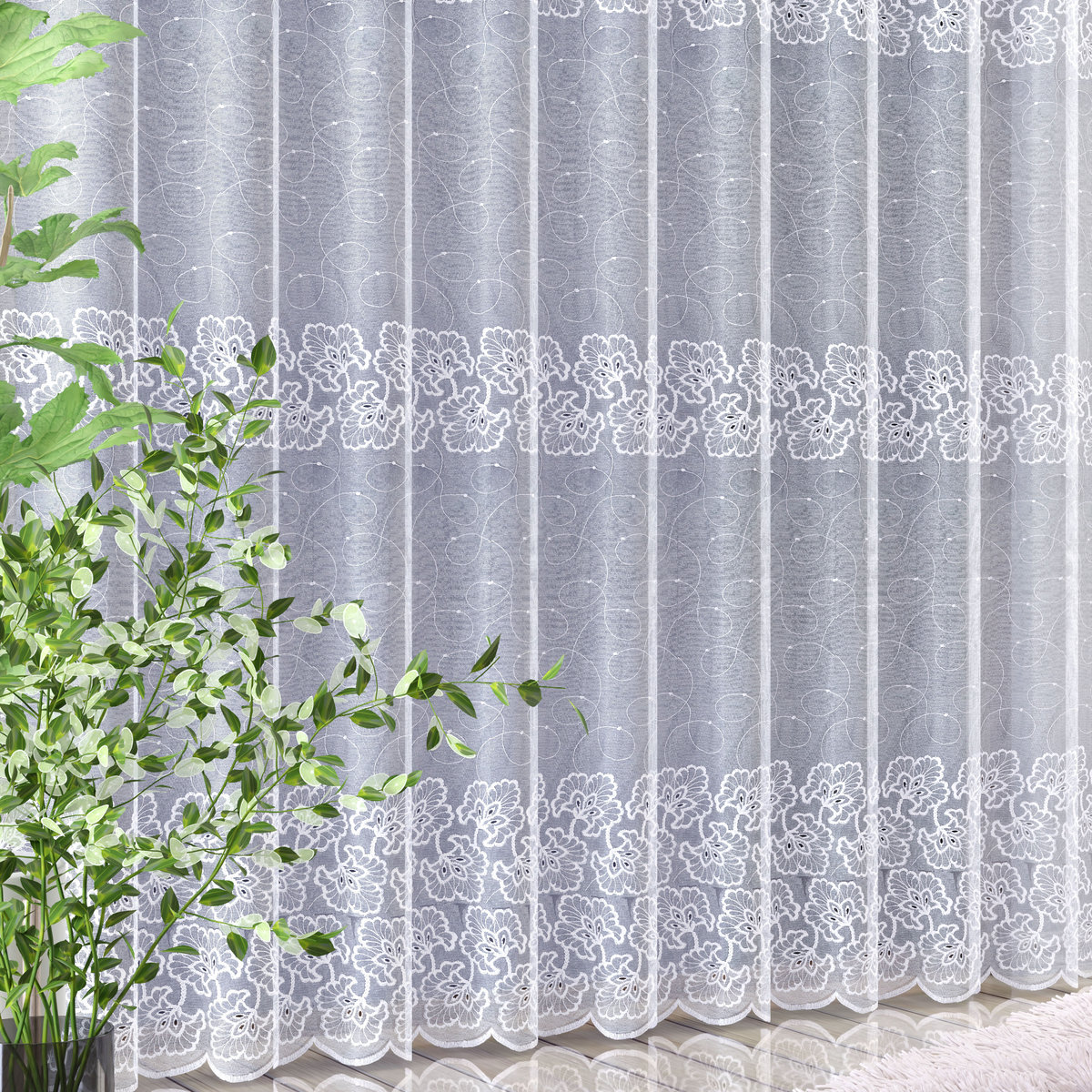 Firanka siateczka z błyskiem haftowana na taśmie 300x250cm