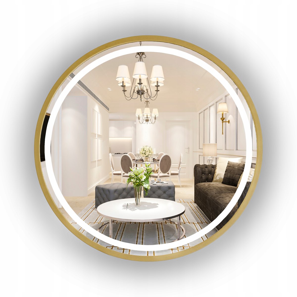 LUSTRO LED ZŁOTE W RAMIE fi 100 CM ŁAZIENKOWE PODŚWIETLANE