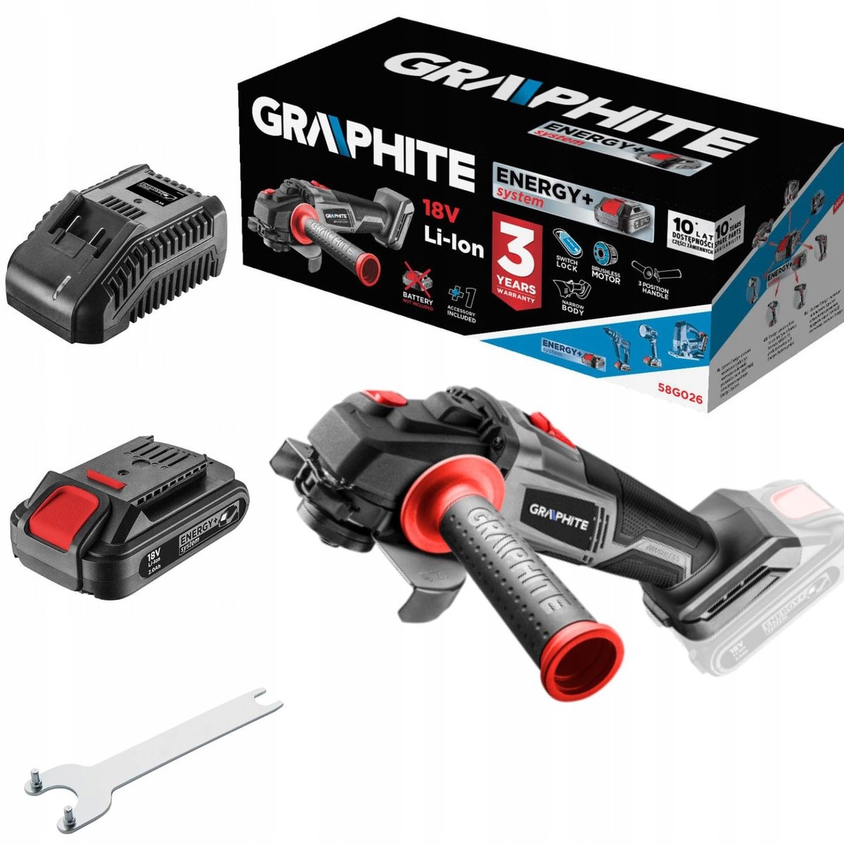 Graphite Szlifierka Kątowa Bezszczotkowa 58G026 + Aku + Ład