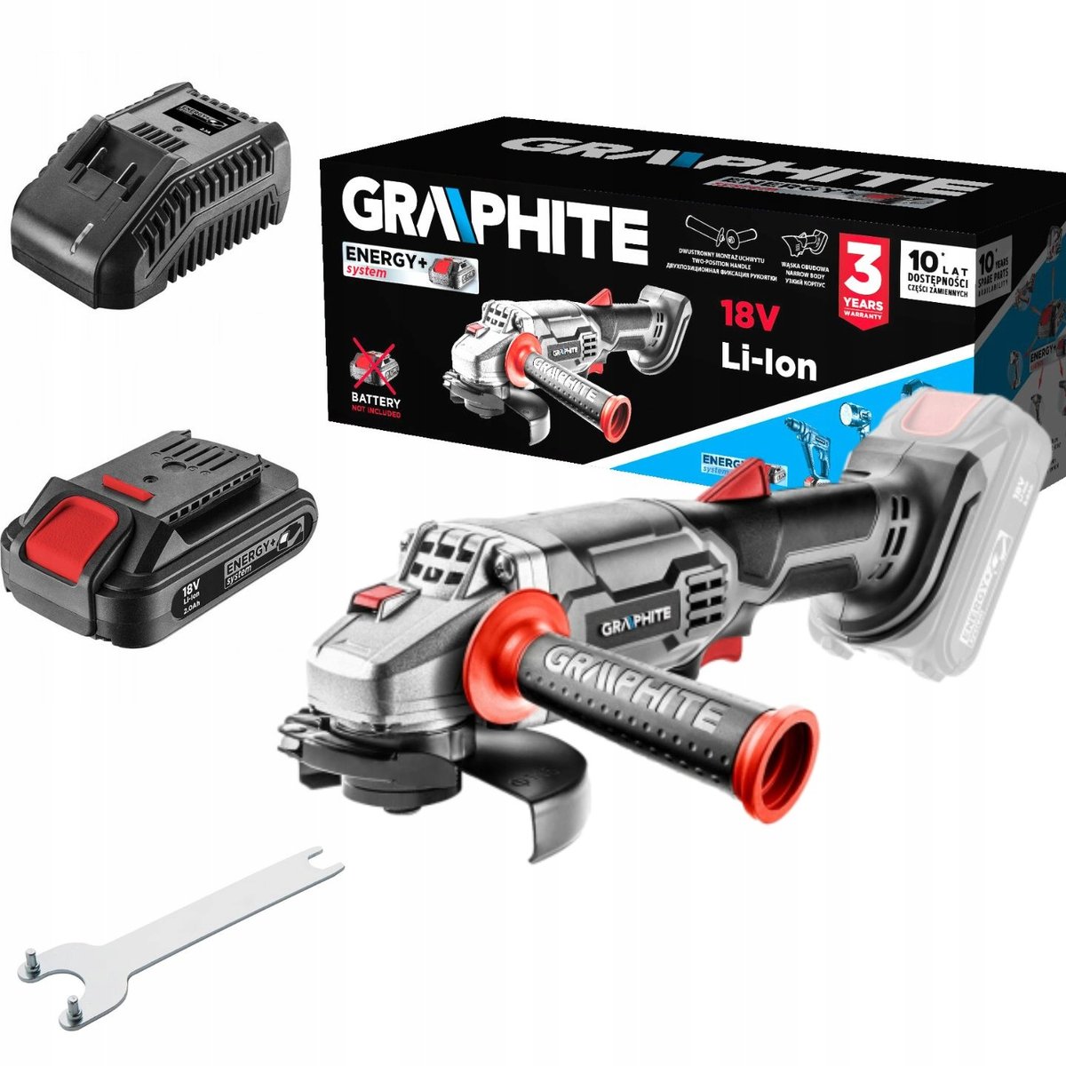Graphite SZLIFIERKA KĄTOWA 115 mm + AKU 2 AH. + ŁADOWARKA