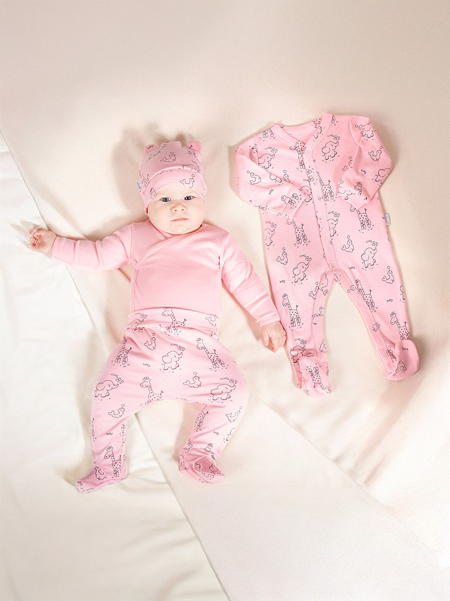 Niemowlęca wyprawka 4-pak pajacyk, body, spodenki i czapka zwierzęta różowy Nicol,r.62