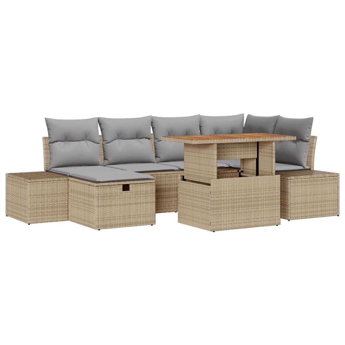 vidaXL Zestaw 7-częściowy do jadalni w ogrodzie z poduszkami Beżowy Poly Rattan Akacja