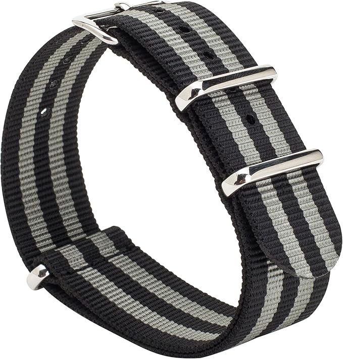 PASEK DO ZEGARKA CZARNO-SZARY NATO NYLON UNIWERSALNY SREBRNA KLAMRA 20mm
