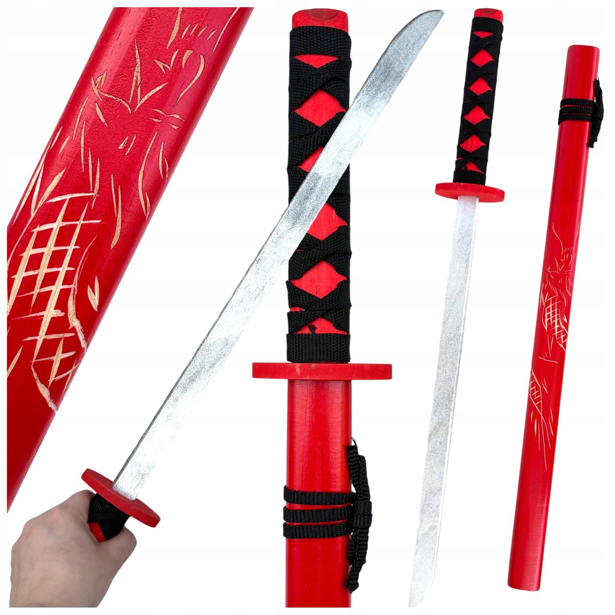 Drewniany miecz katana dla samuraja ze wzorem czerwona szabla z drewna czer