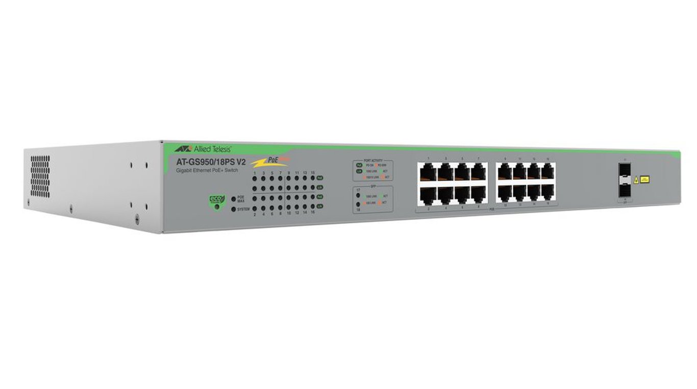 Allied Telesis AT-GS950/18PS-V2-50 łącza sieciowe Nie zarządzany Gigabit Ethernet (10/100/1000) Obsługa PoE Szary AT-GS950/18PS-V2-50