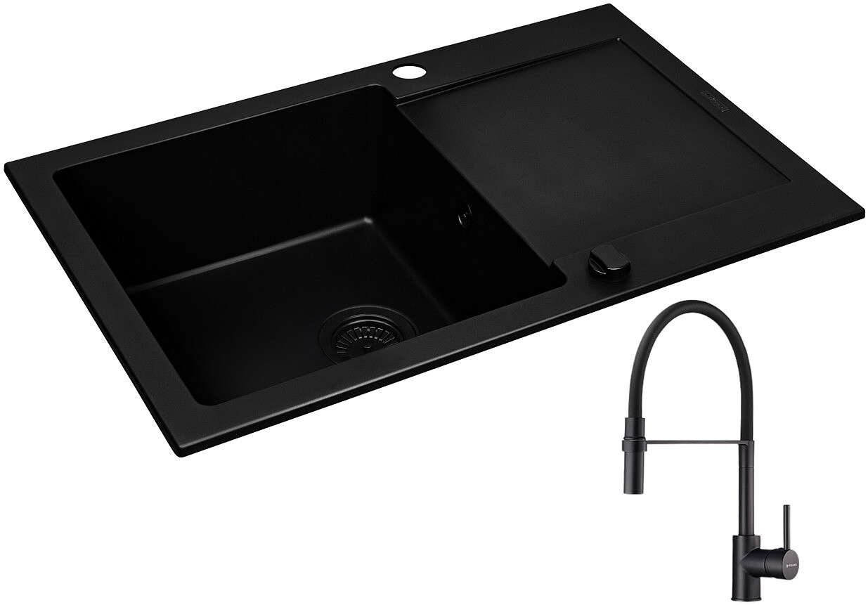 Zestaw Pyramis Zlewozmywak granitowy Mido 79x50 1B1D Black Edition + Bateria Serina