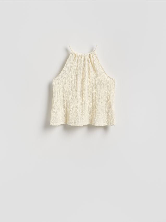 Reserved - Kreszowany top z dekoltem halter - złamana biel