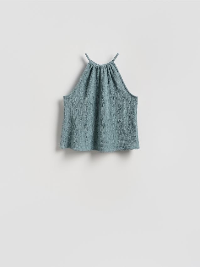Reserved - Kreszowany top z dekoltem halter - jasnozielony