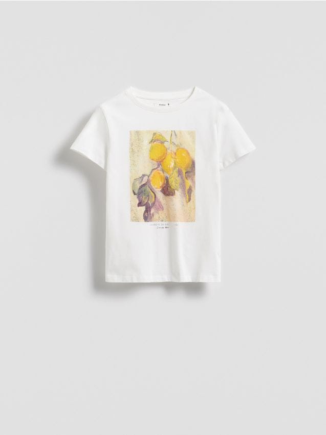 Reserved - Bawełniany t-shirt z nadrukiem - złamana biel