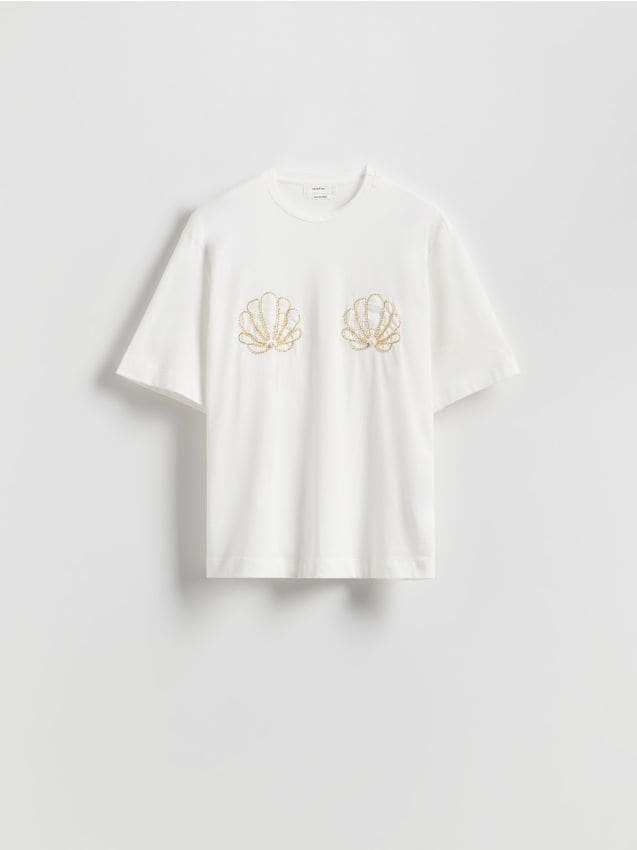 Reserved - T-shirt z ozdobną aplikacją - złamana biel