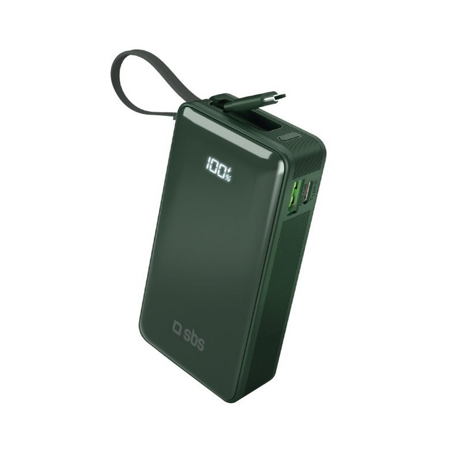 SBS Power Bank 10 000 mAh z wbudowanym kablem USB-C zielony