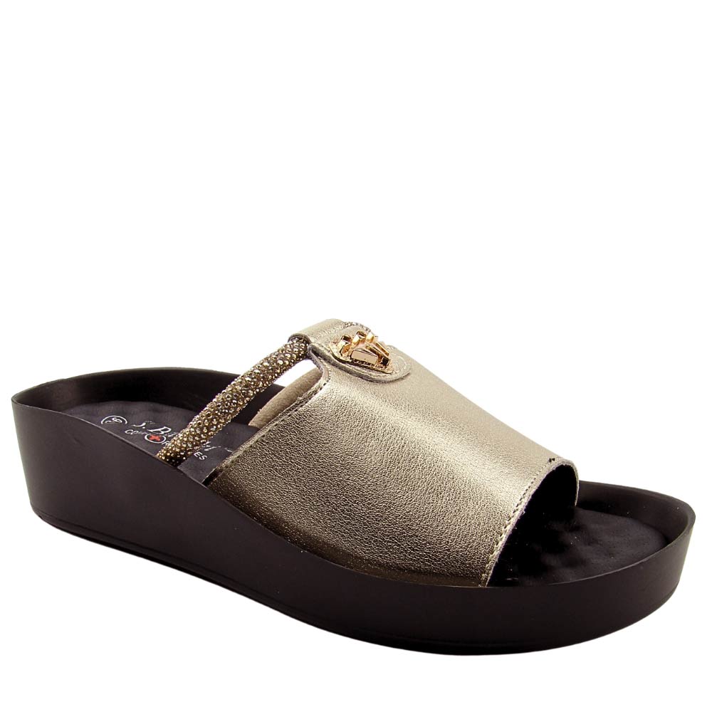 S.Barski KV51-034 damskie klapki skórzane na koturnie złote