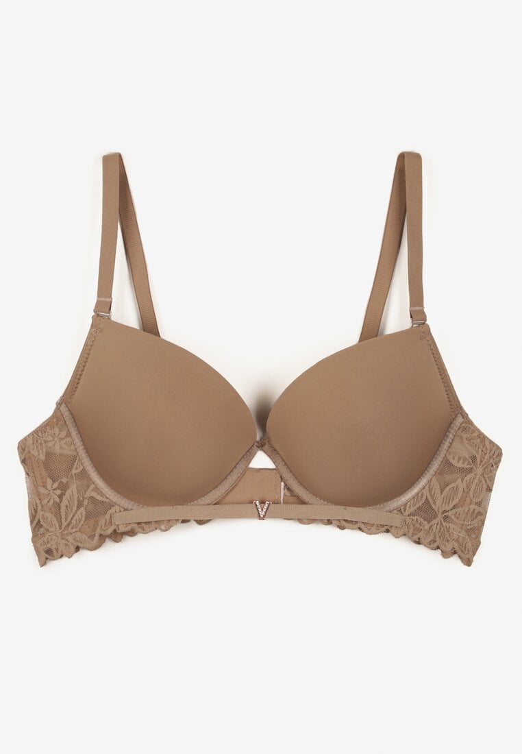 Ciemnobeżowy Biustonosz Push-Up z Koronkowym Paskiem Sarolin