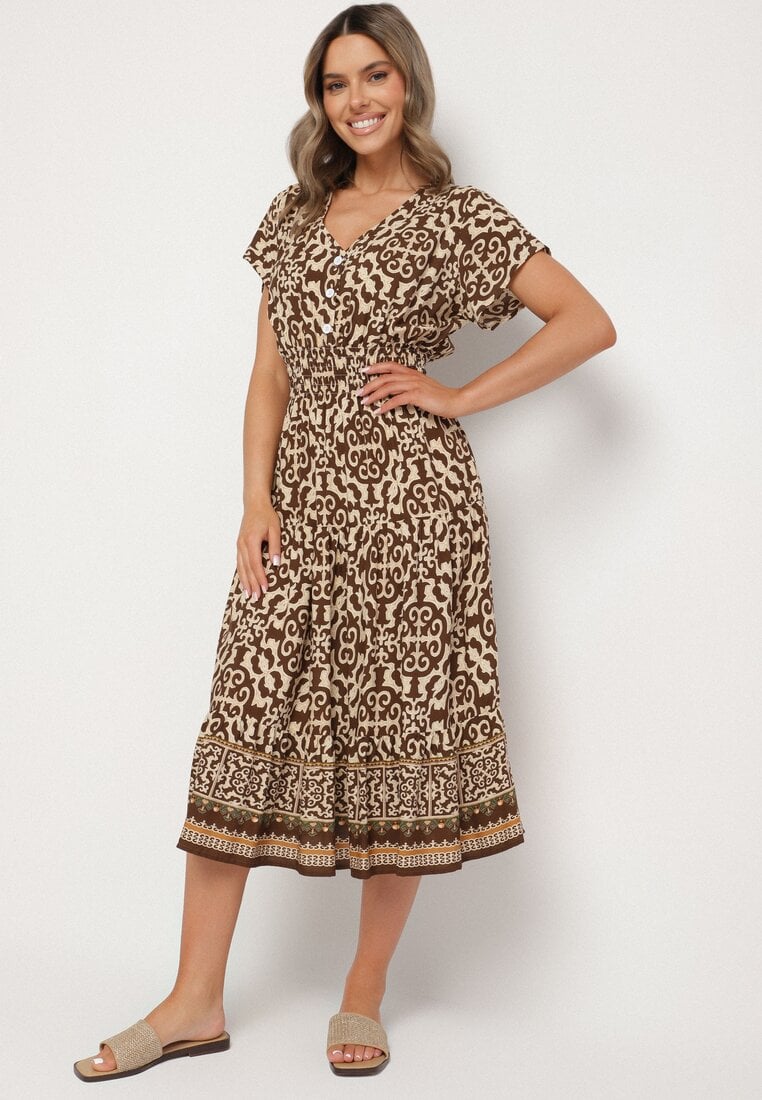 Brązowa Bawełniana Sukienka z Dekoltem w Serek Zapinana na Guziki z Gumką w Pasie Kelea