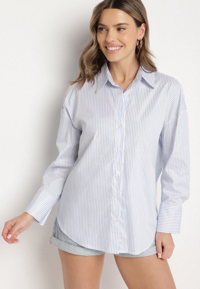 Niebieska Bawełniana Koszula Oversize w Prążki Zdobiona Metaliczną Nicią Paserella