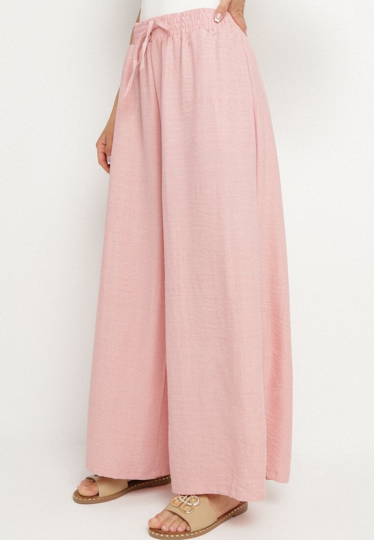 Różowe Spodnie o Szerokim Kroju z Wysokim Stanem i Wiązaniem Telarieta