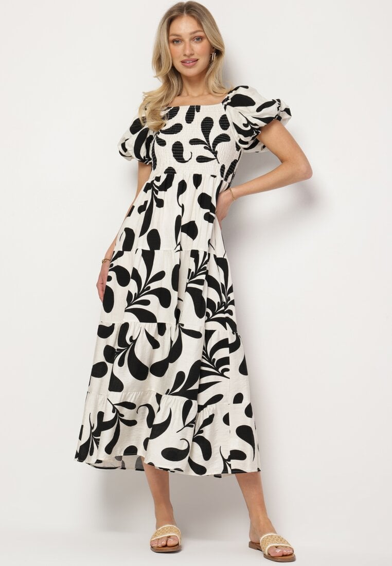 Czarna Rozkloszowana Sukienka z Elastyczną Górą i Bufiastymi Rękawami Orrivene