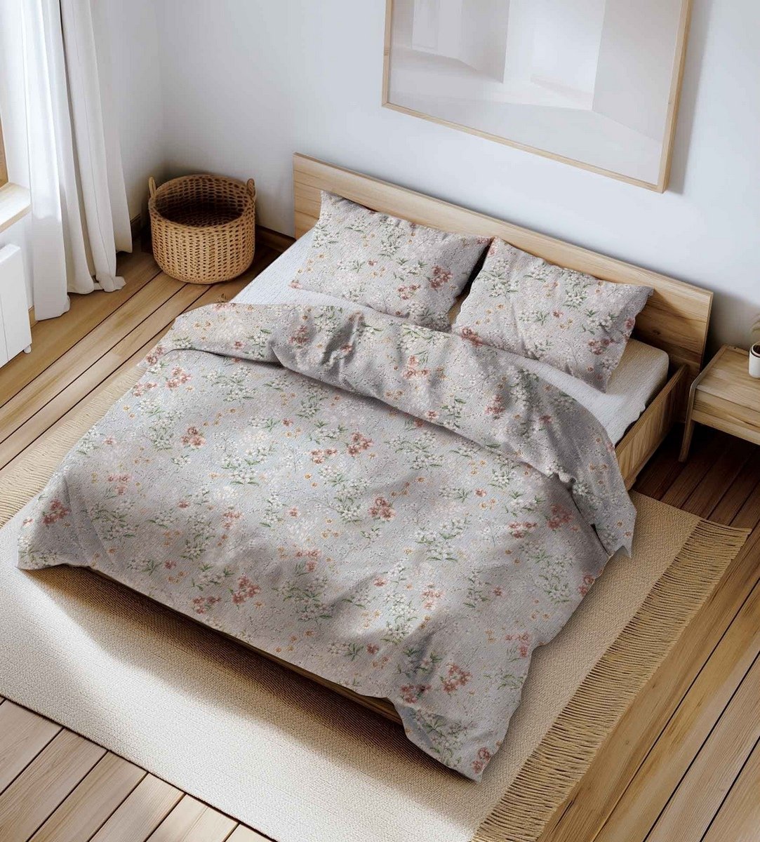 Pościel z kory 180x200 szara pudrowa kremowa kwiaty vintage