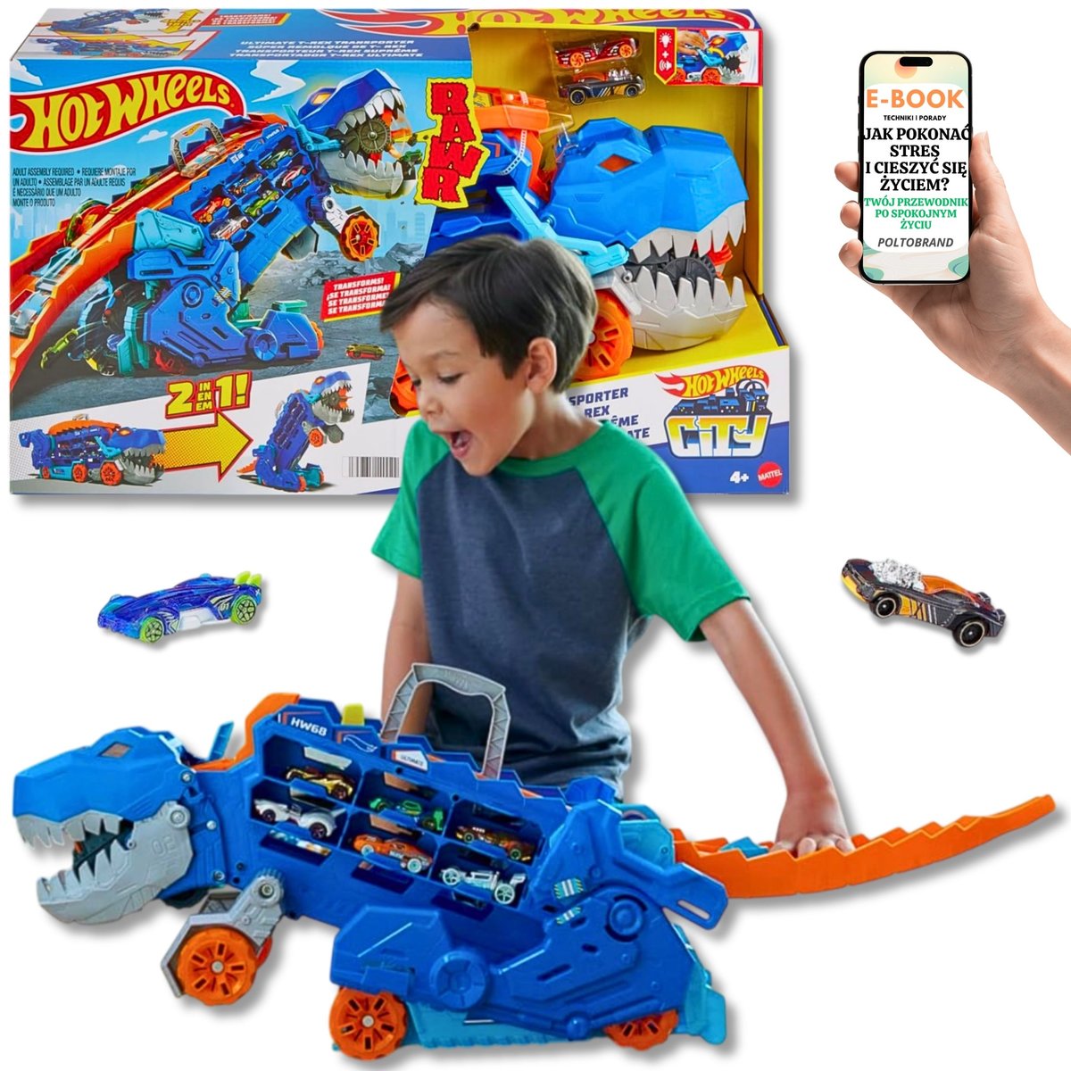 MEGA Zestaw HOT WHEELS – T-Rex Transporter z Torami + 2 Autka – Dinozaur, Który Je Samochodziki i Robi SHOW Efekty LED + Dźwięki PREZENT DLA DZIECKA..