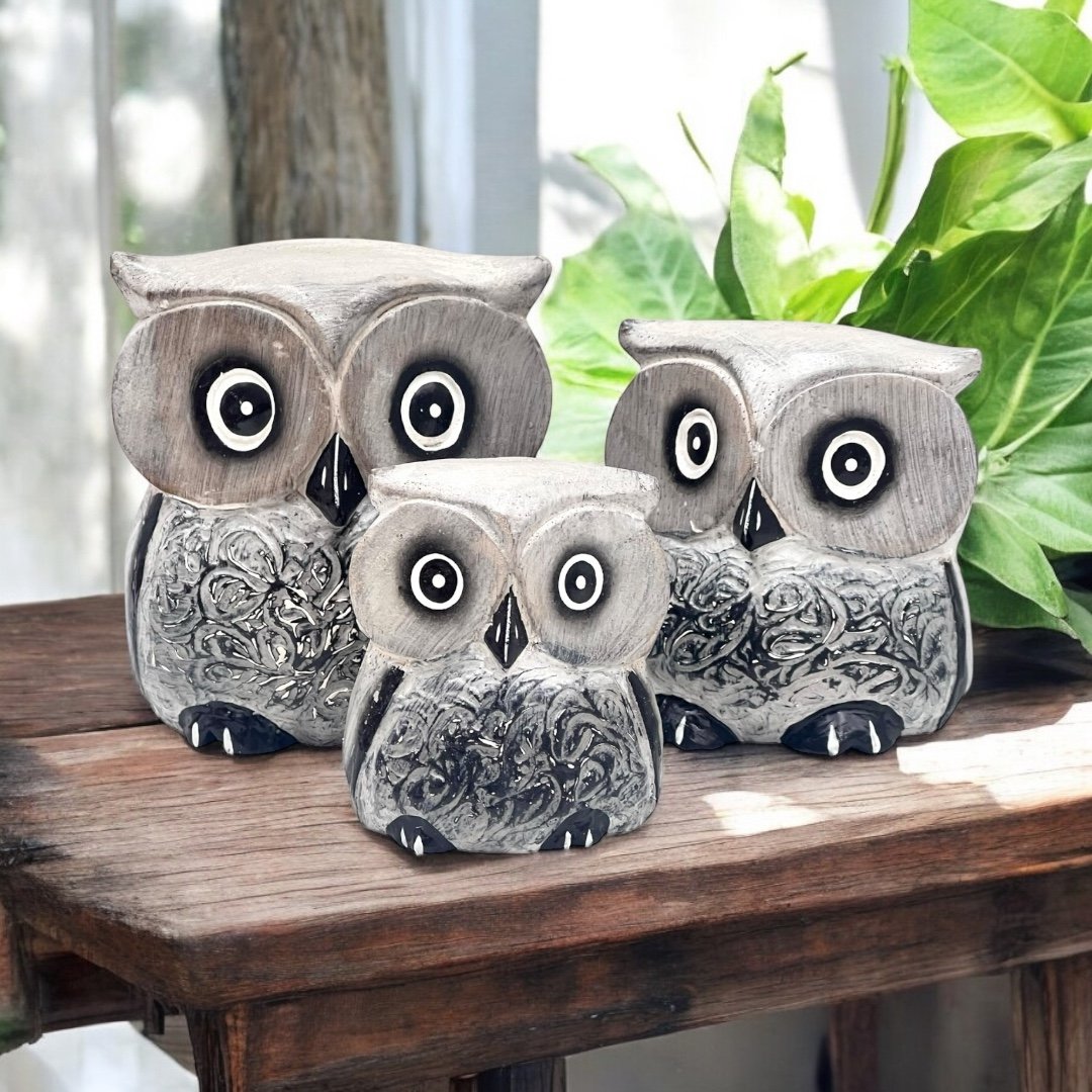 Sowa Drewniana Figurka dekoracyjna Sówka Ozdoba Wnętrz Prezent Zestaw 3 szt