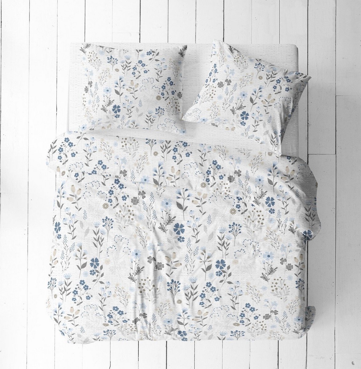 Pościel z kory 180x200 biała niebieska szara letnia łąka