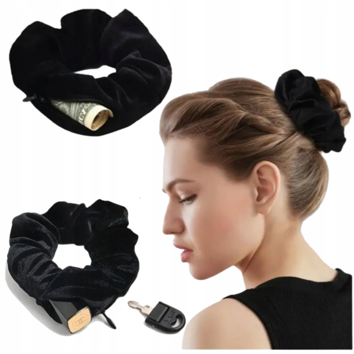 Gumka do Włosów SCRUNCHIE Z KIESZONKĄ Suwakiem Kieszenią Zamkiem na Klucze